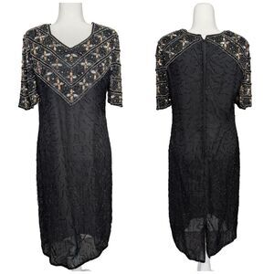 Carina Womens Black Silver Gold Vintage 80s Silk Sequin Beaded Midi Dress Large